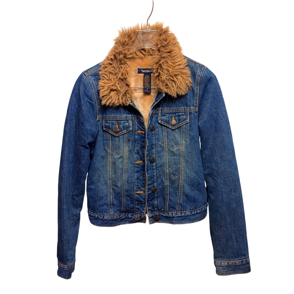 Y2K Abercrombie & Fitch Women's Denim Jacket Faux Fur Collar Lined Boho‎ Sz M